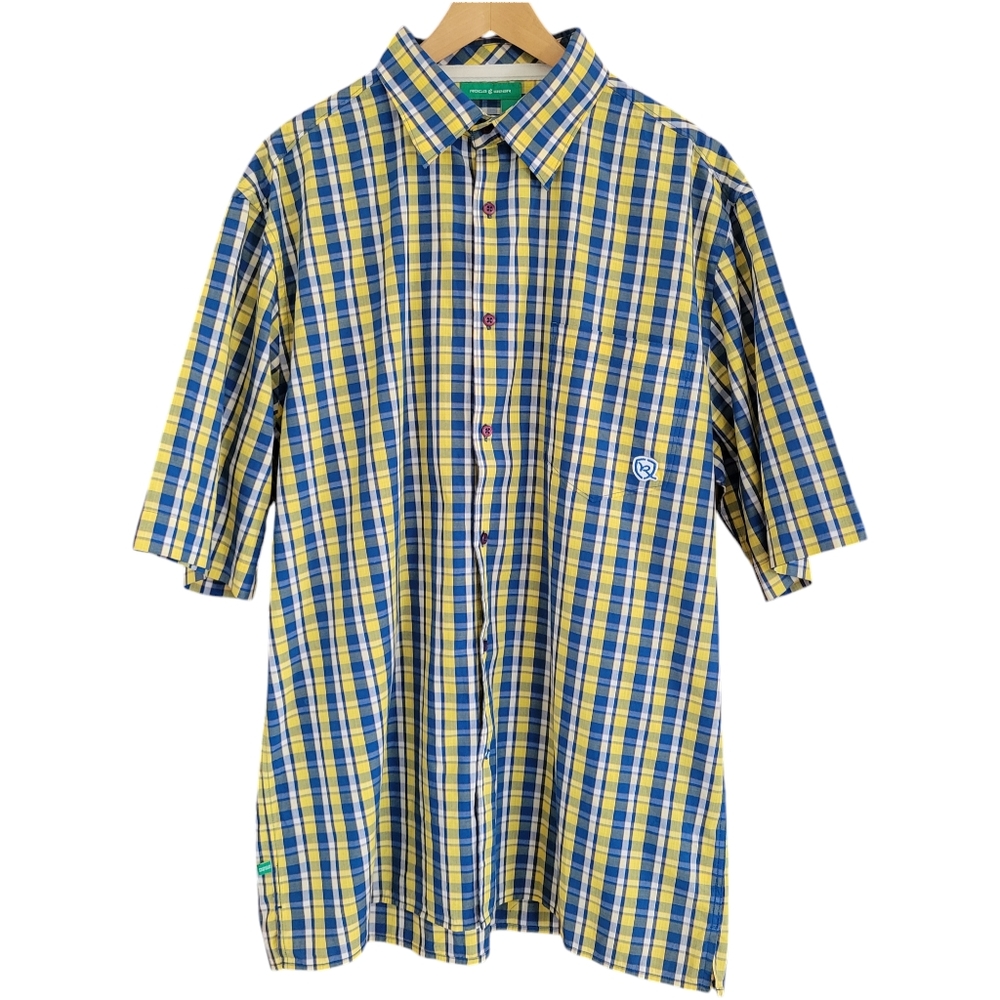 Rocawear Button-Up Shirt Mens XL Blue Yellow Plaid Short Sleeve Y2K 100% Cotton